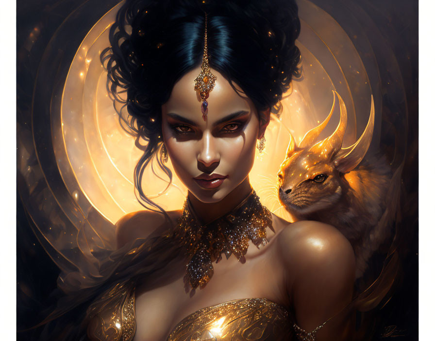 Dark-haired woman with golden jewelry and fantastical feline companion.