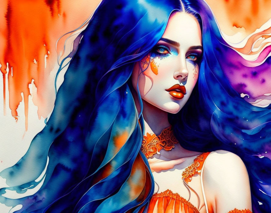 Colorful watercolor portrait of a woman with blue hair and orange clothing on vibrant background.