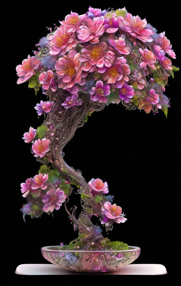 Digitally created bonsai tree with pink flowers in decorative bowl