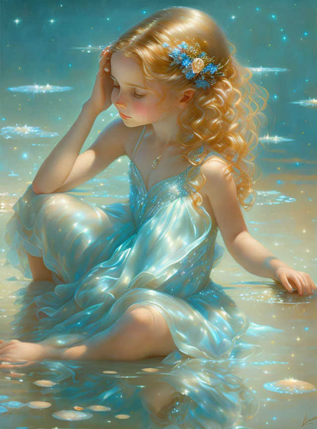 Curly-Haired Girl with Flowers Sitting in Shimmering Water