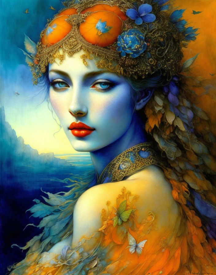 Colorful illustration of mystical blue-skinned woman with ornate orange headdress and feathered attire