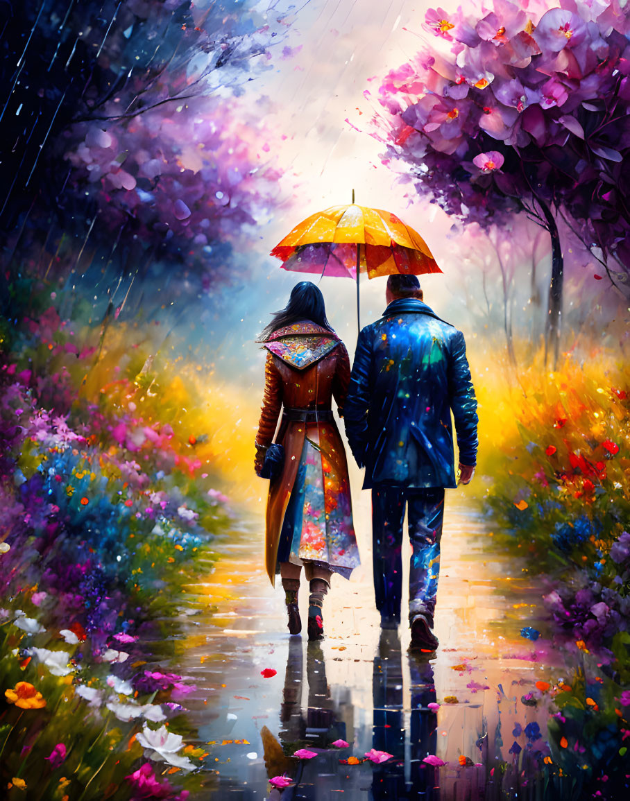 Couple walking under yellow umbrella in vibrant rainy scene