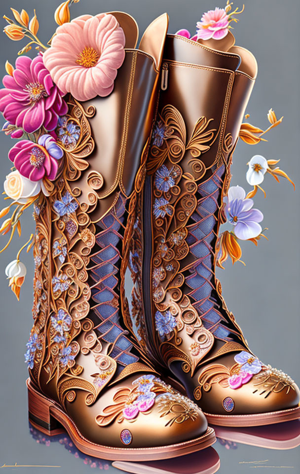 Ornate floral-patterned cowboy boots on grey background