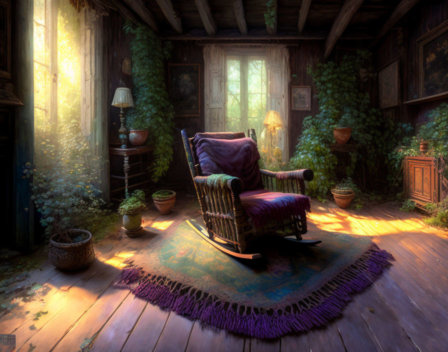 Rustic Room with Sunlight, Greenery, Rocking Chair & Antique Decor