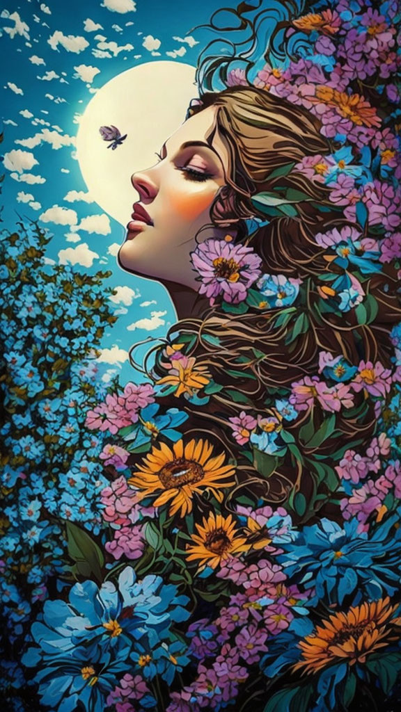 Illustrated portrait of woman with floral hair, serene expression, moon, and butterfly.