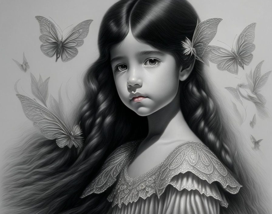 Monochrome image of girl with wavy hair and butterflies.