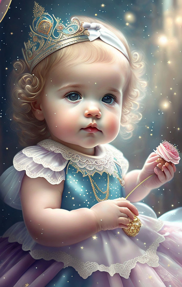 Illustrated baby girl portrait with blue eyes, tiara, wand, fluffy dress, starry background