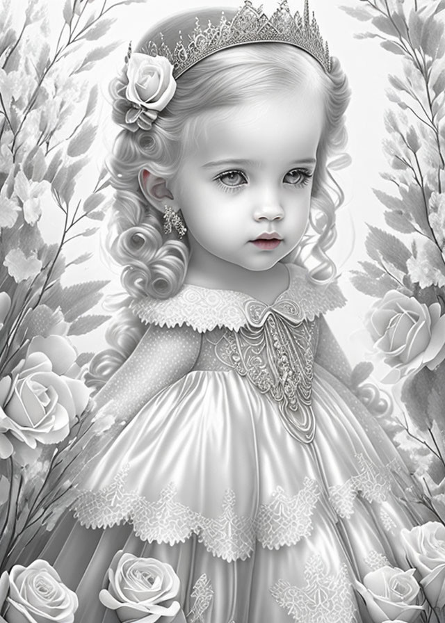 Monochrome image of young girl in crown & ornate dress with floral patterns