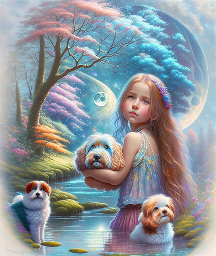 Girl with flowing hair holding a dog in magical landscape with moon and colorful flora