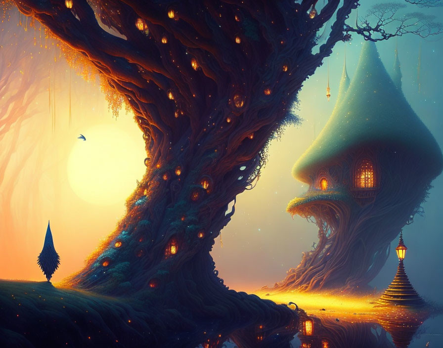 Fantastical tree with face and lit windows next to whimsical house at twilight