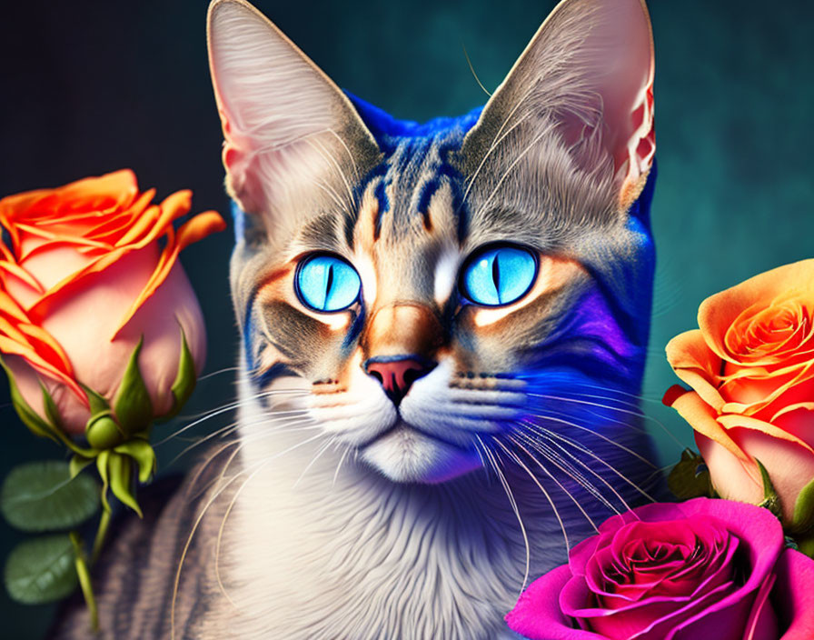 Colorful Digital Artwork: Cat with Blue Eyes and Roses on Dark Background