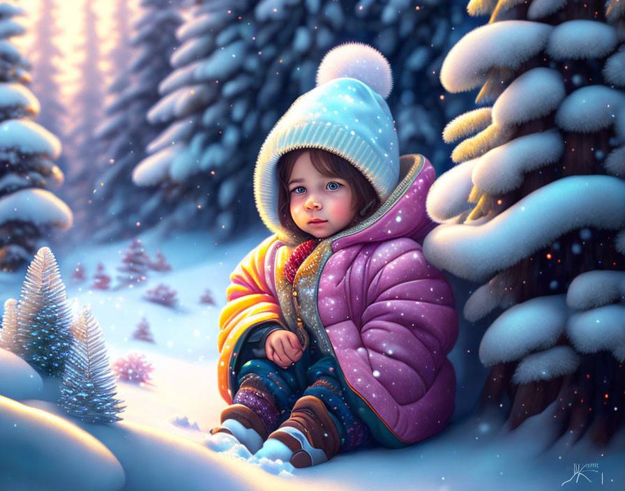 Child in Colorful Winter Outfit Amidst Snowy Twilight Forest