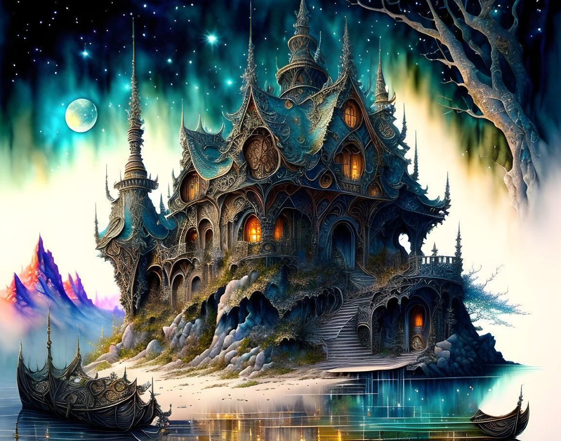 Ornate fairy-tale mansion under aurora-lit sky with celestial body, boats, and