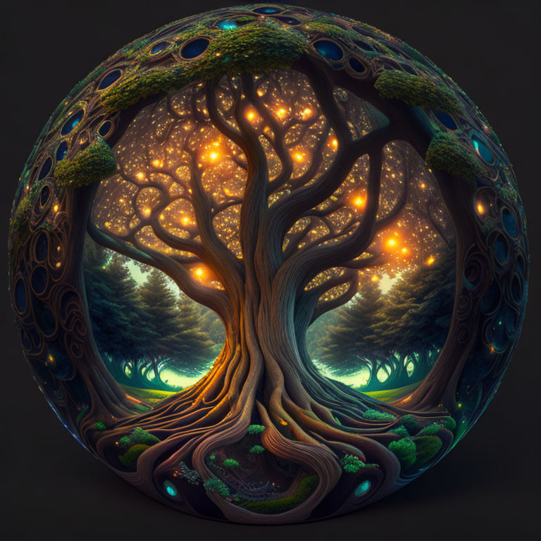 Spherical artwork featuring majestic tree, forest, and glowing orbs