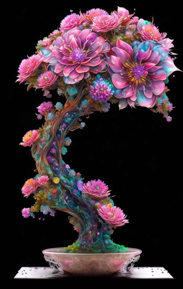 Colorful Bonsai Tree with Pink and Purple Flowers on Black Background