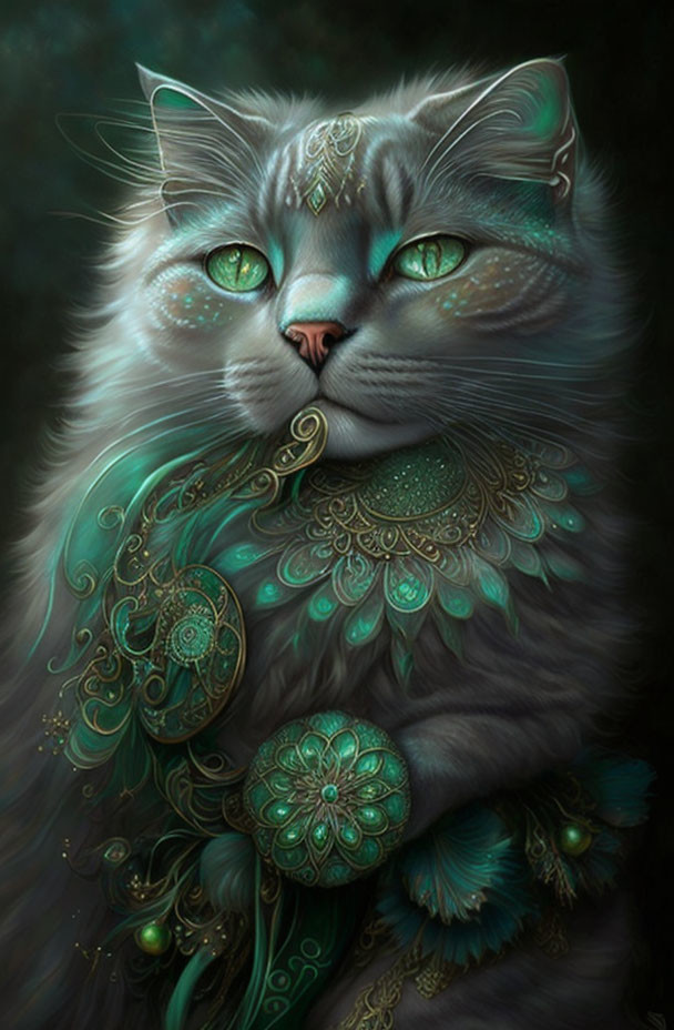 Detailed illustration of a mystical grey long-haired cat in ornate emerald-green attire