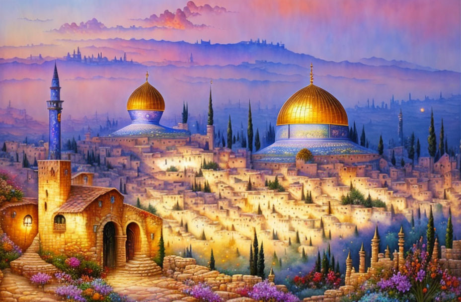 Vibrant painting of a Middle Eastern village at dusk with golden-domed buildings