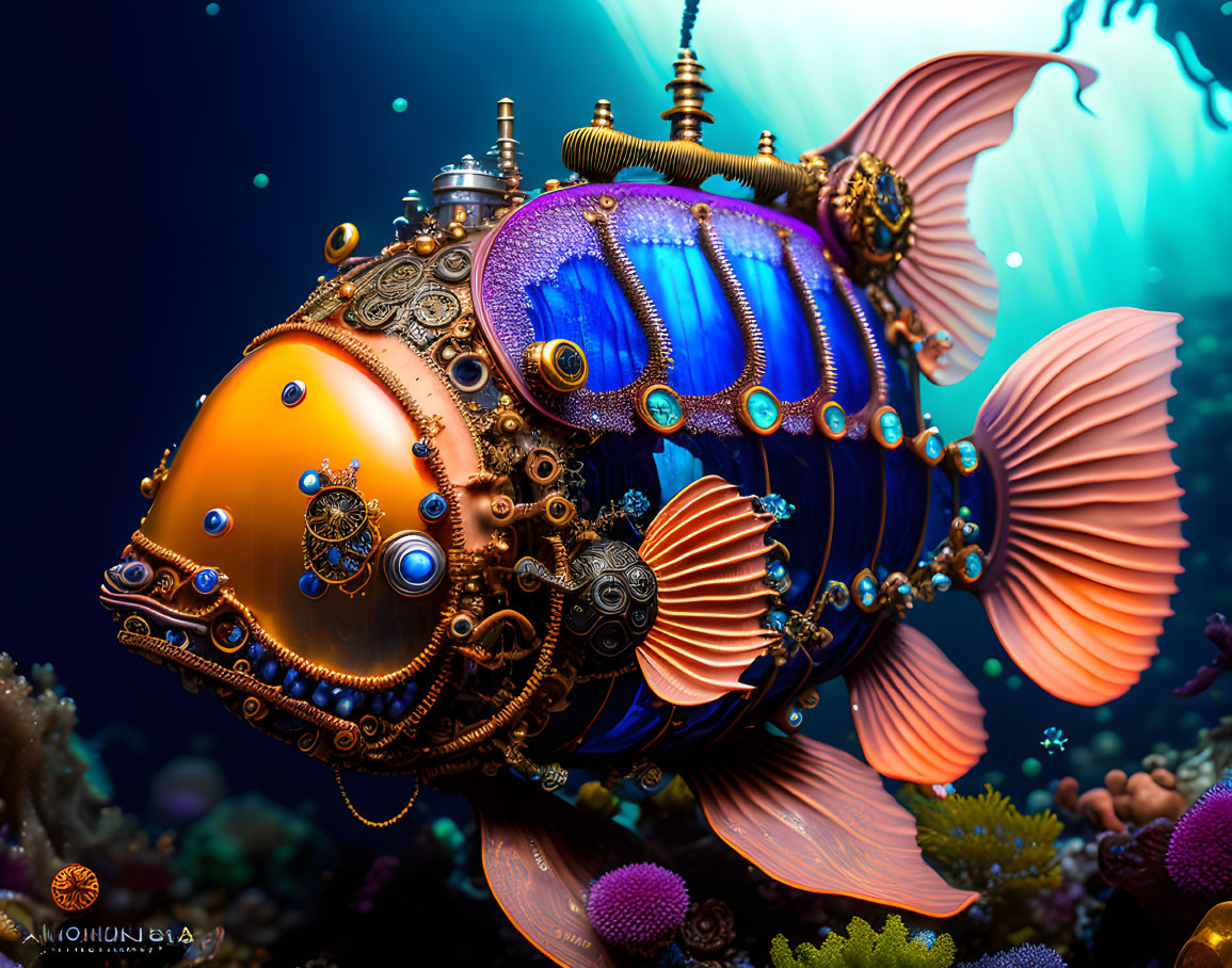 Steampunk-style fish digital artwork with gold detailing