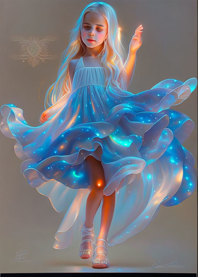 Illustration: Blonde girl in blue dress with magical aura