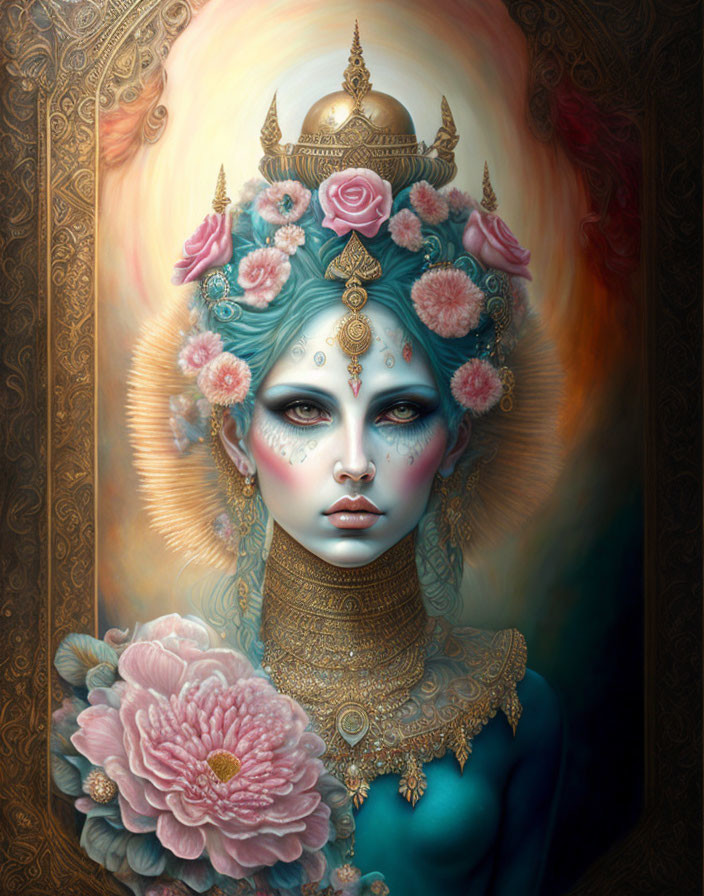 Mystical female figure with golden jewelry and intricate facial markings