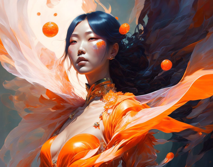 Digital artwork of woman in orange garments with orbs on dynamic background