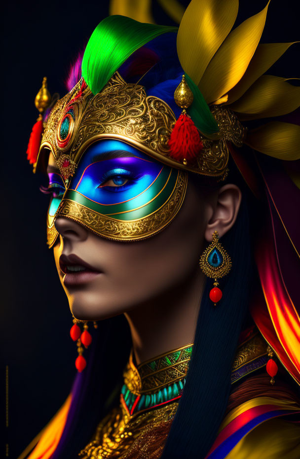 Vibrant ornate mask with blue eye makeup in green, blue, yellow, and red