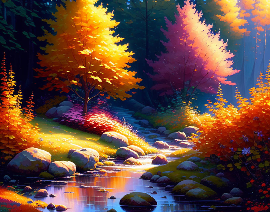 Vibrant autumn forest scene with brook and rocks