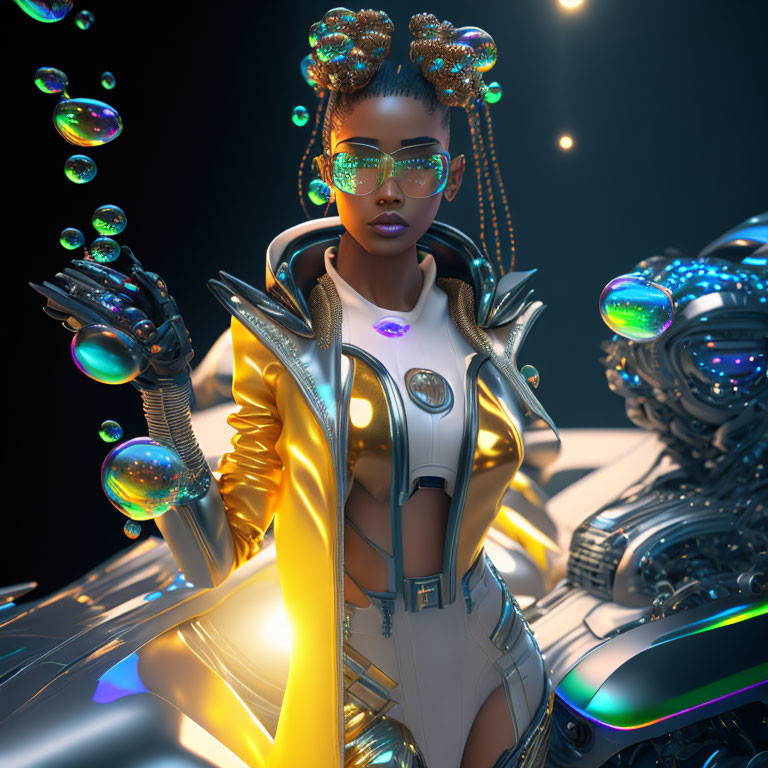 Futuristic woman with stylized hair and sunglasses in white and silver outfit surrounded by bubbles and mechanical