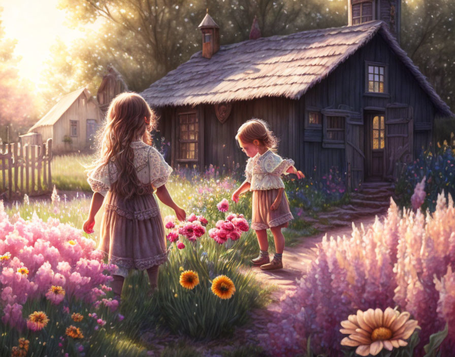 Young girls in blooming garden near rustic cottage at golden hour