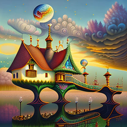 Colorful whimsical painting of fantastical house with arched bridges, floating orbs, and dynamic clouds