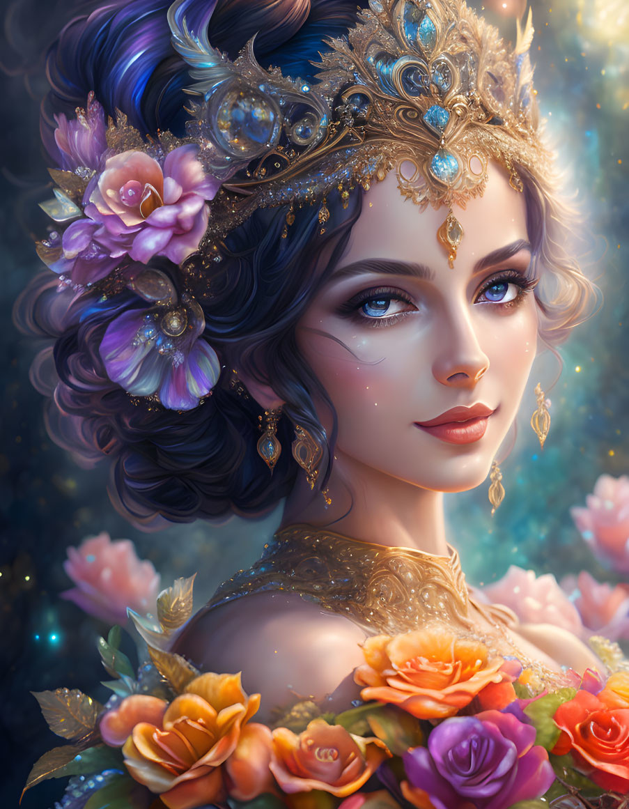 Digital artwork featuring woman in jeweled crown and golden attire against floral backdrop