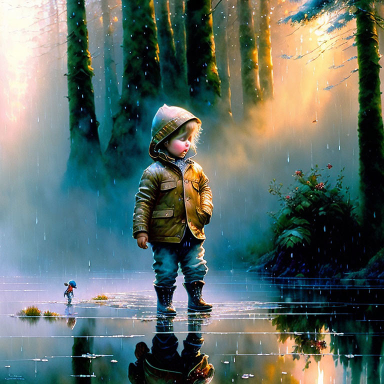 Child in hooded jacket by reflective water in mystical forest with light beams and gentle rain.