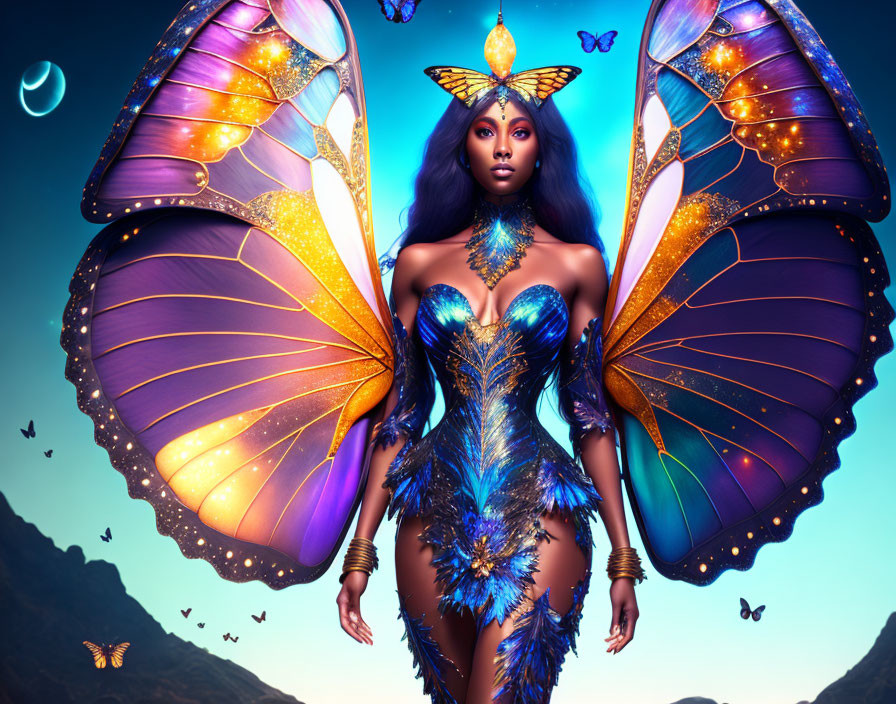 Fantasy digital artwork: woman with butterfly wings, vibrant colors, night sky, crescent moon.