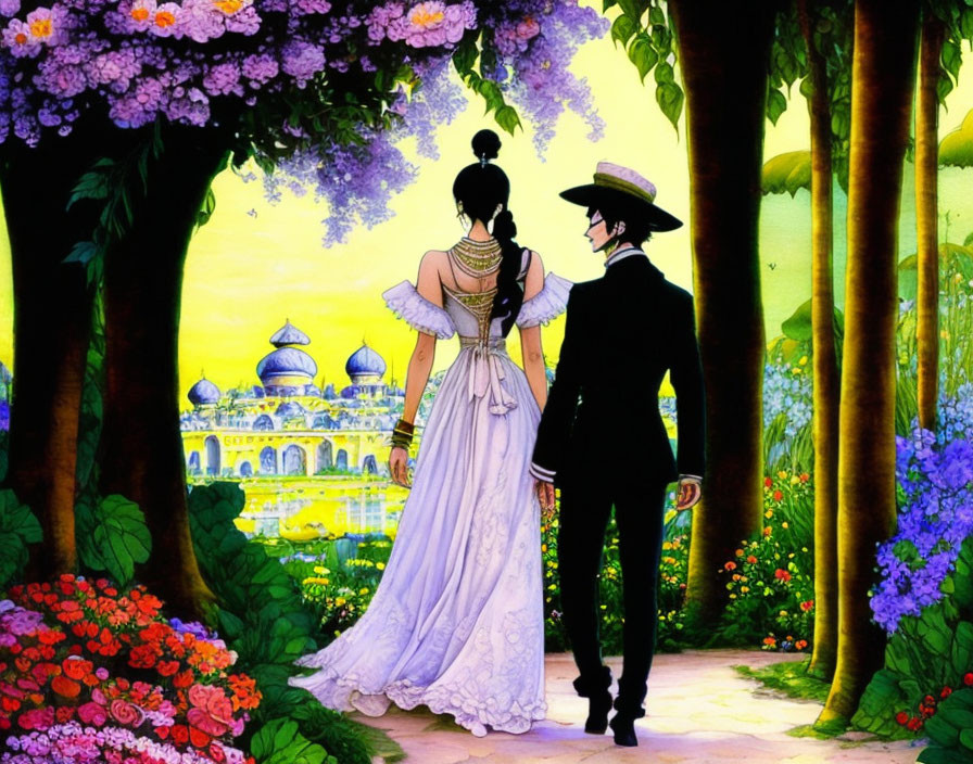 Elegant couple in vibrant garden heading to fantastical city