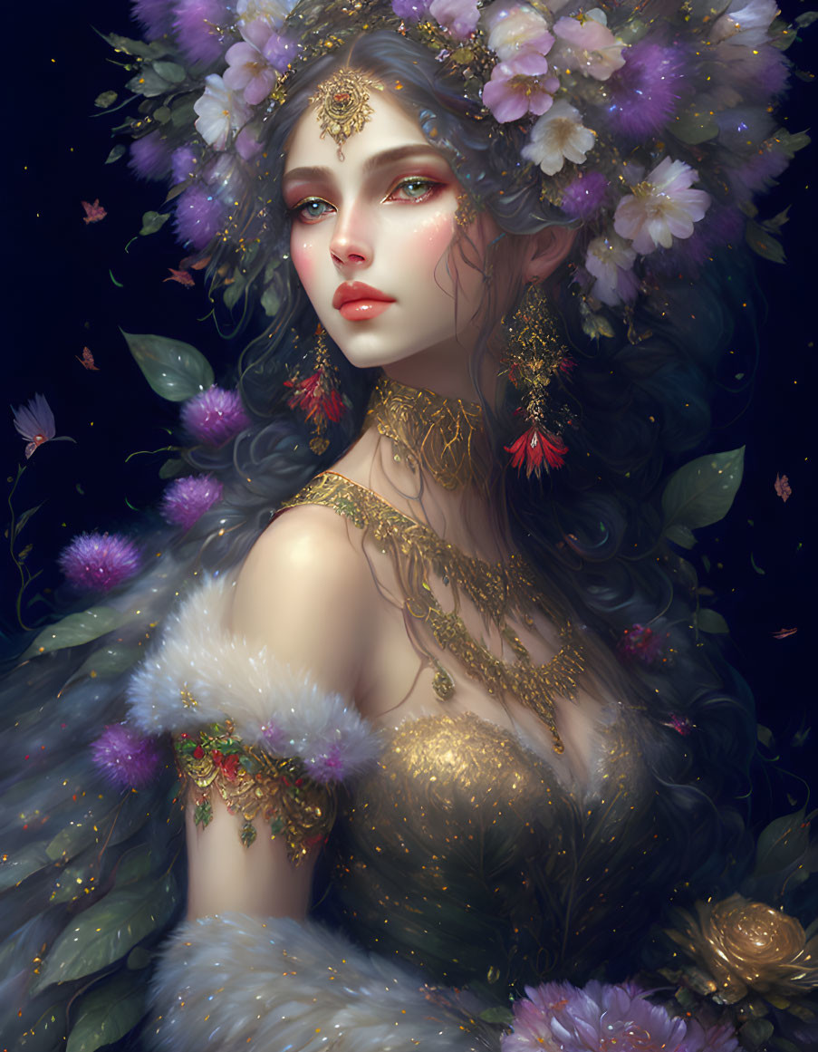 Ethereal woman with floral crown and gold jewelry in lush greenery