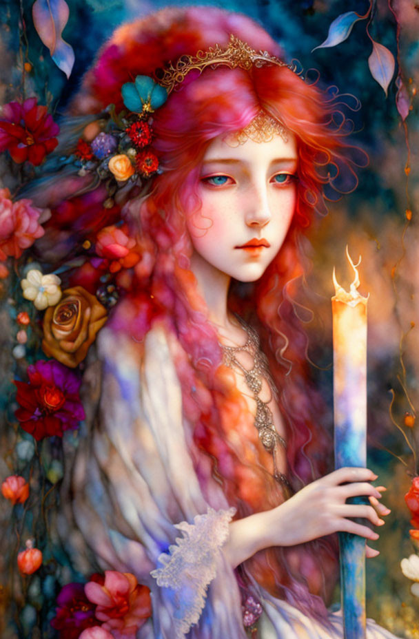 Mystical female figure with red hair and candle among flowers