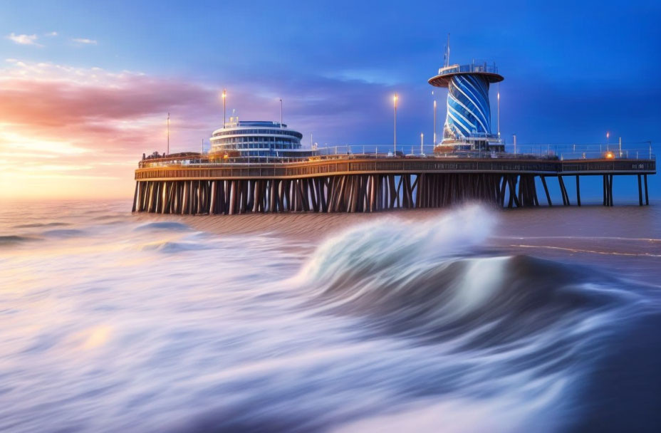 Modern pier on the sea at dusk with soft-hued sky and gentle waves