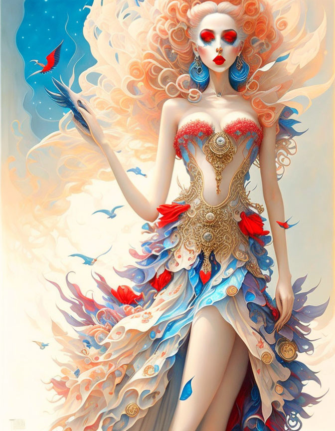 Fantasy artwork of woman with fiery hair and avian-themed dress surrounded by stylized birds