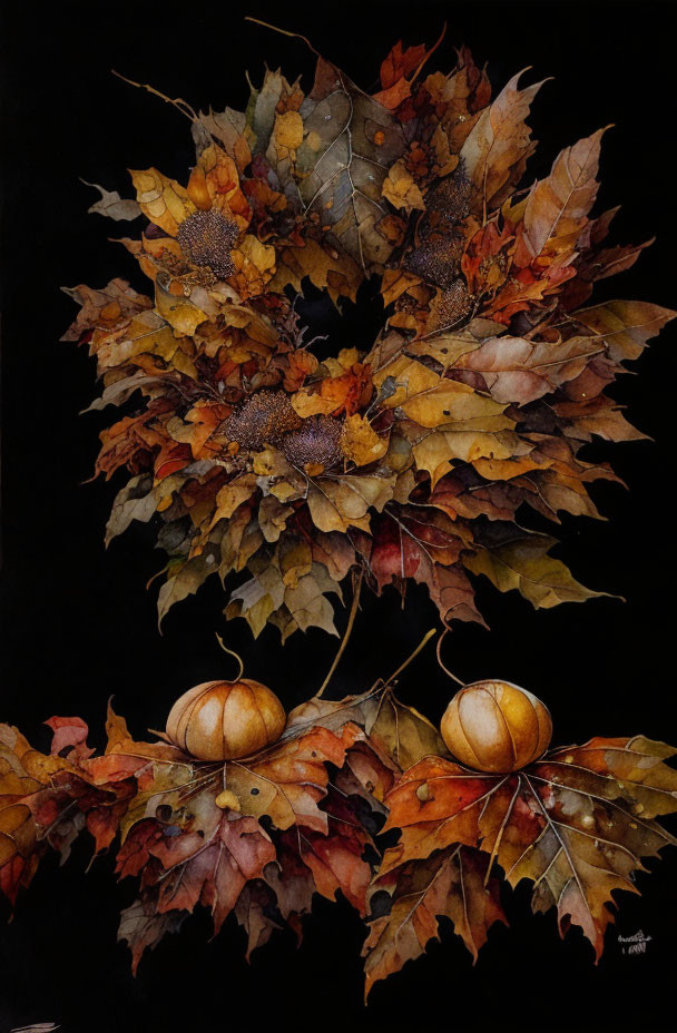 Autumn-themed wreath with pumpkins on black background