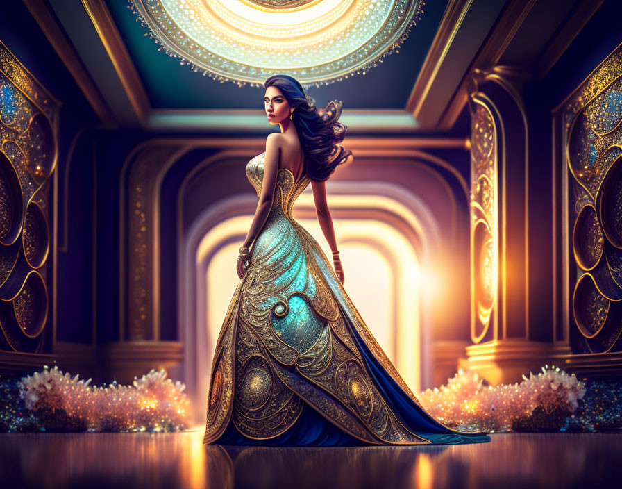 Woman in ornate blue and gold gown in luxurious hall with rich decorations