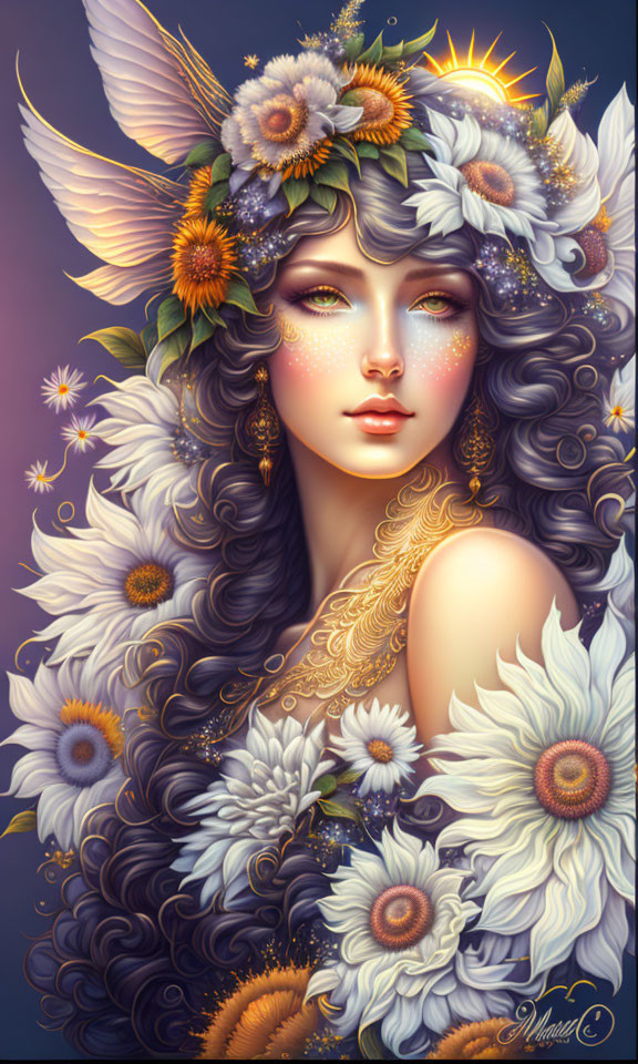 Fantastical woman illustration with curly hair, flower crown, butterfly wings