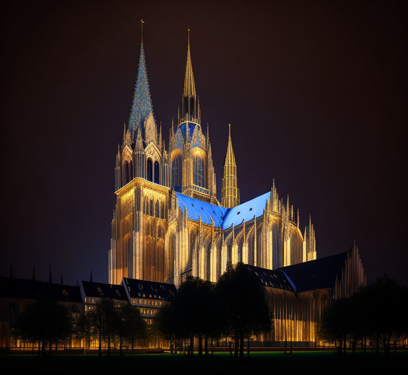 Gothic Cathedral Night Illumination with Warm Glow