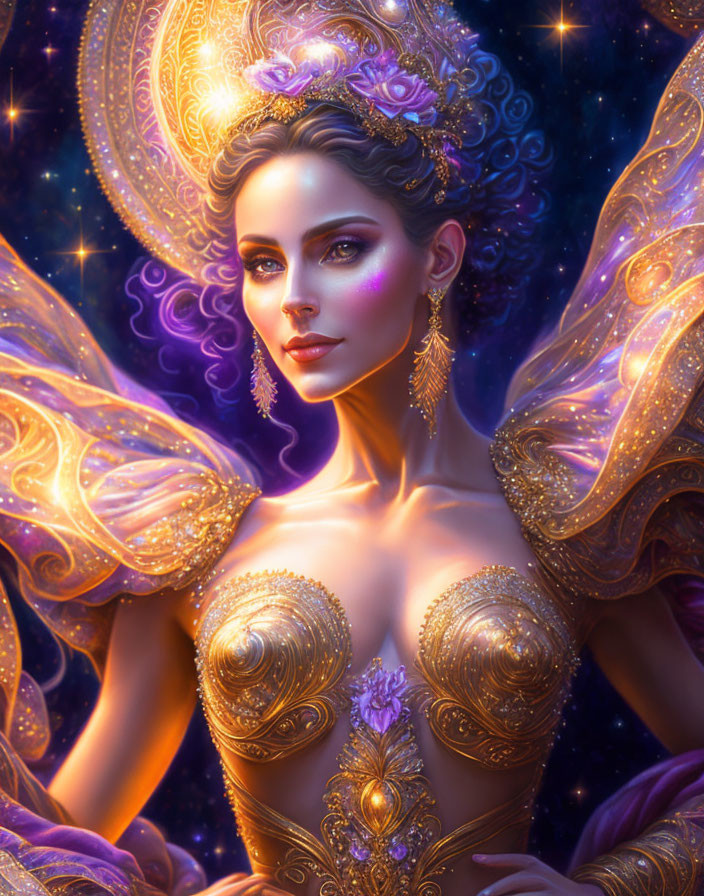 Ethereal woman in golden gown with striking eyes on cosmic background