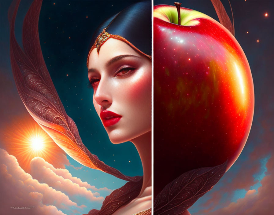 Split-image: Woman's portrait and red apple against sunset sky