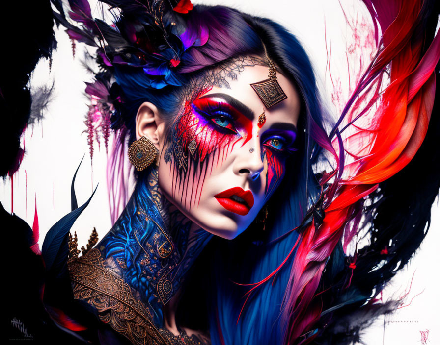 Colorful portrait of woman with blue hair, red feather accessories, facial tattoos.