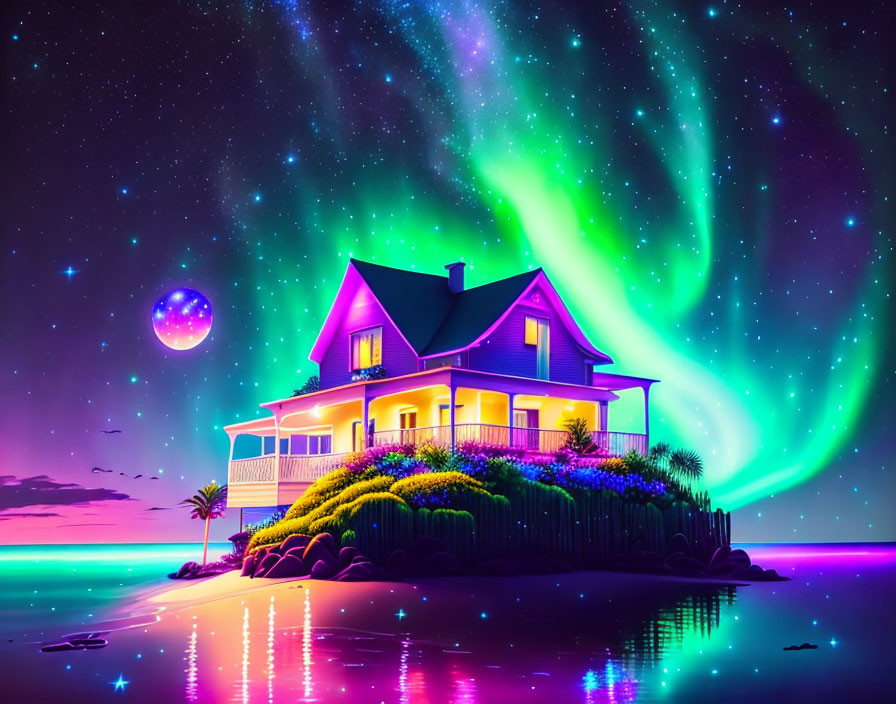 Illustration of house on islet under starry sky with northern lights, moon & reflection.