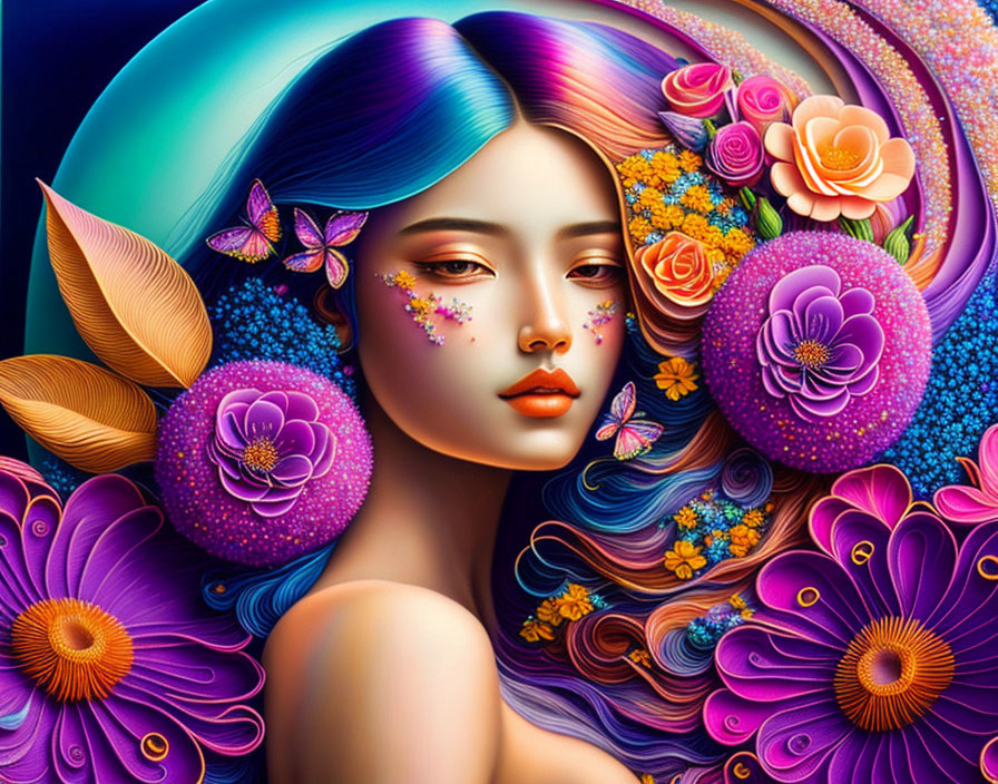 Vibrant blue hair woman with floral butterflies in surreal illustration