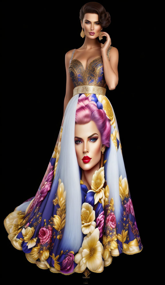 Vibrant pink hair and elegant blue gown on woman illustration