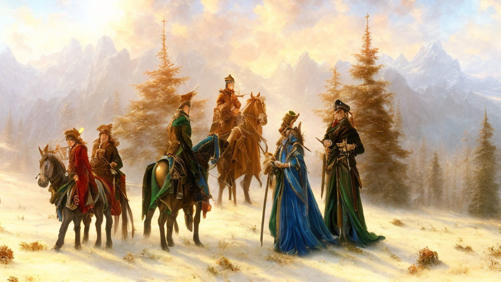 Five Medieval Fantasy Characters on Horseback in Serene Landscape