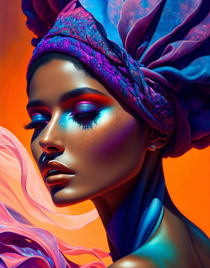 Vibrant blue and purple makeup on woman in headscarf on orange background